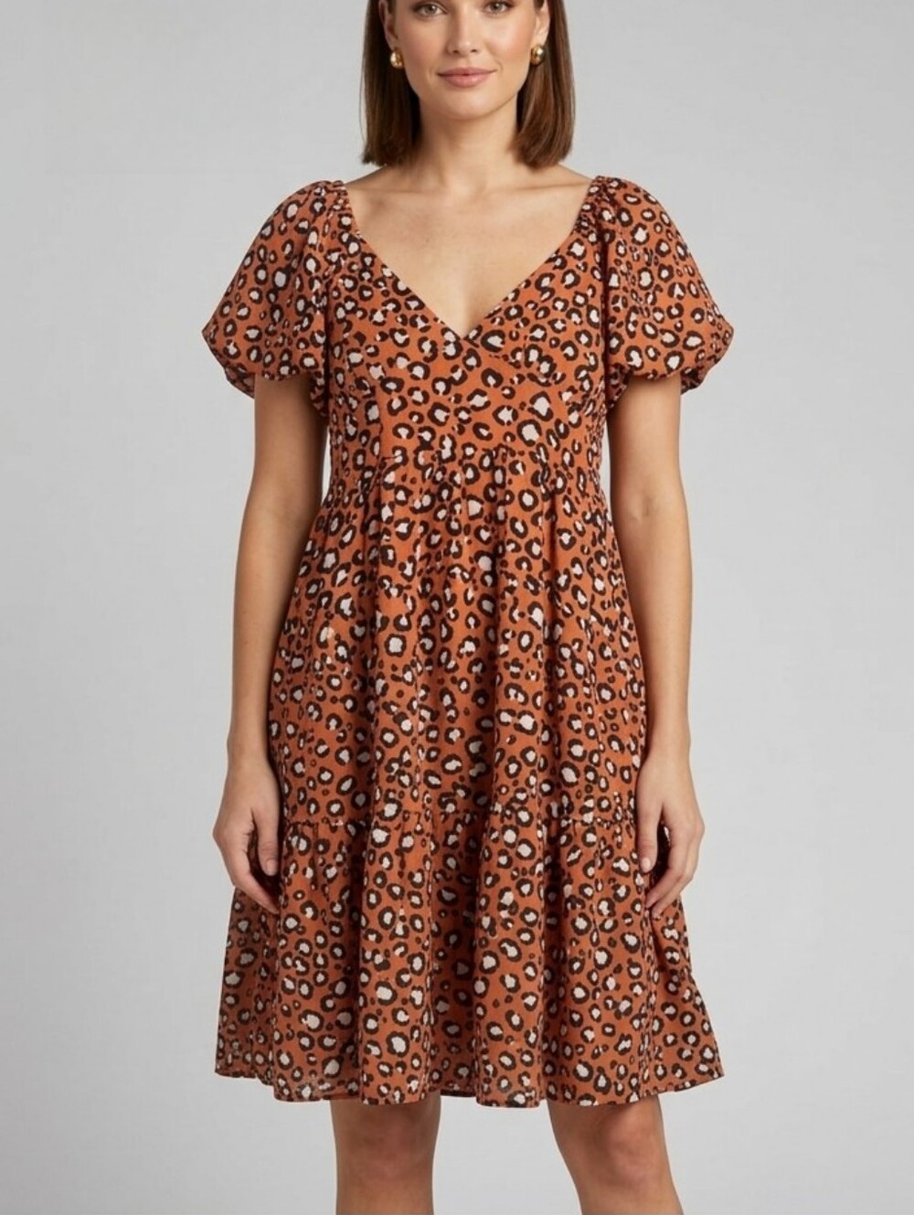 HER DESTINY orange/leopard tiered midi dress, puff sleeves, v-neck, size M